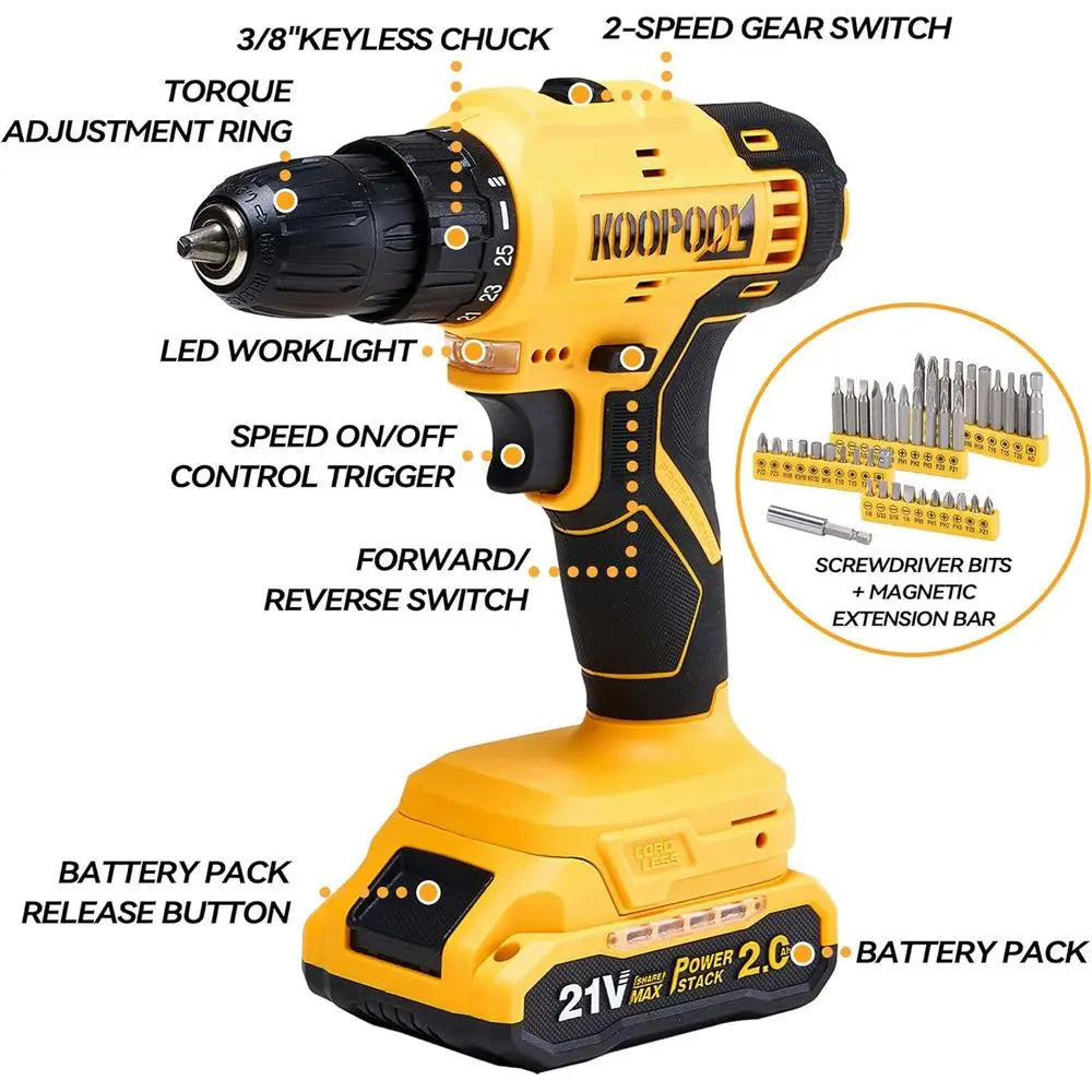 Tool Kit Box Drill Set with 21V Cordless Drill, Tool Box with Drill, Hand Drill Set for Men, Power Tool Combo for Home Repair, D