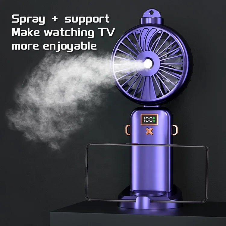 New Mini Hanging Neck Small Fan Spray Mist Cooler Fan Humidifying Foldable Handheld Digital Display Fan With Phone Holder