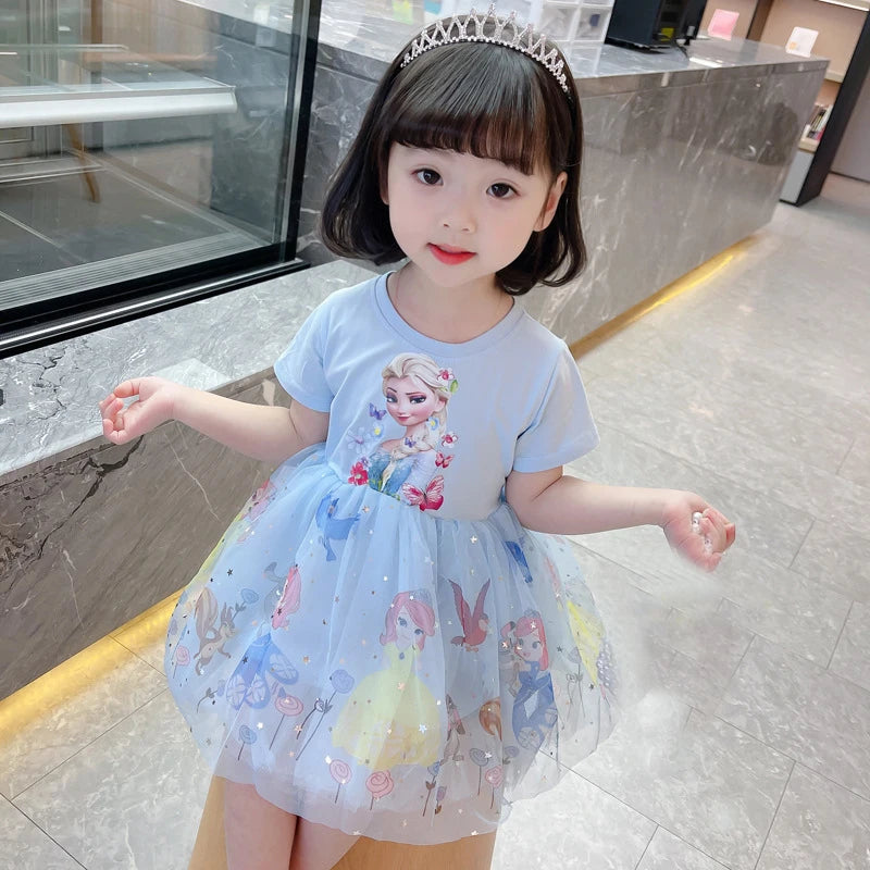 2025 New Disney Summer Kids Dress Clothes Pretty Girls Dresses Frozen Elsa Anna Princess Party Costume For Children Clothing