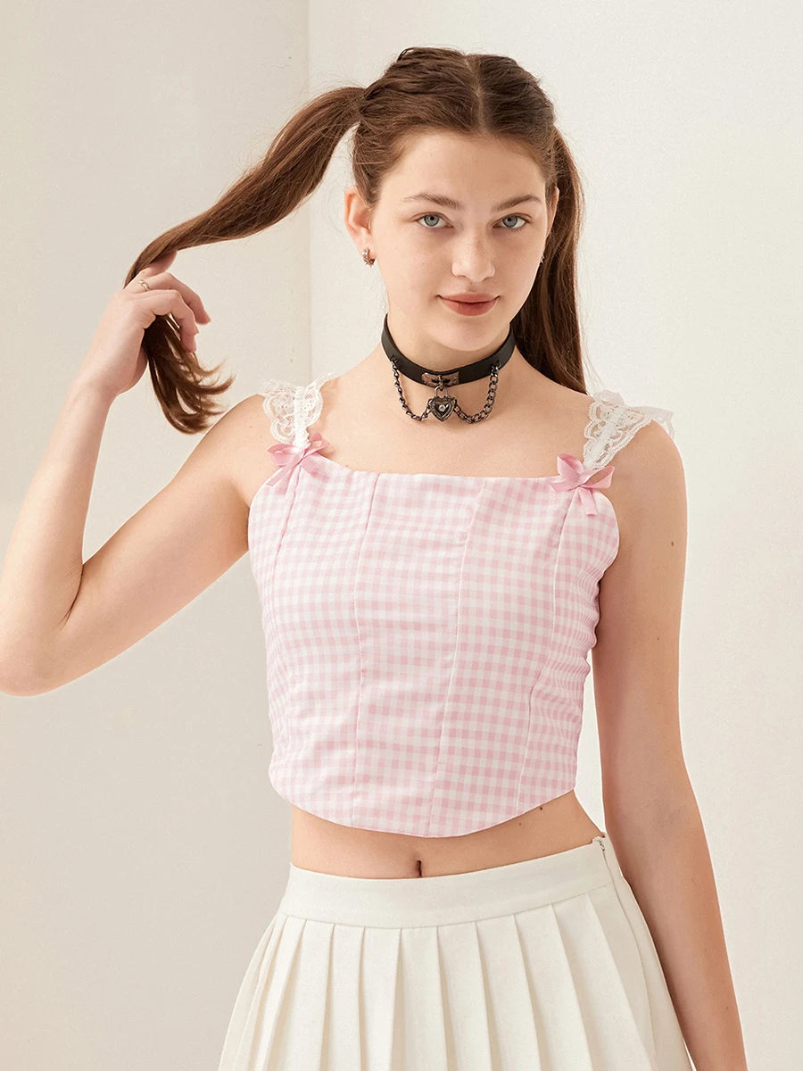 Women s  Cami Tops Lace Shoulder Strap Vest Plaid Floral Print Show Navel Cropped Camisole