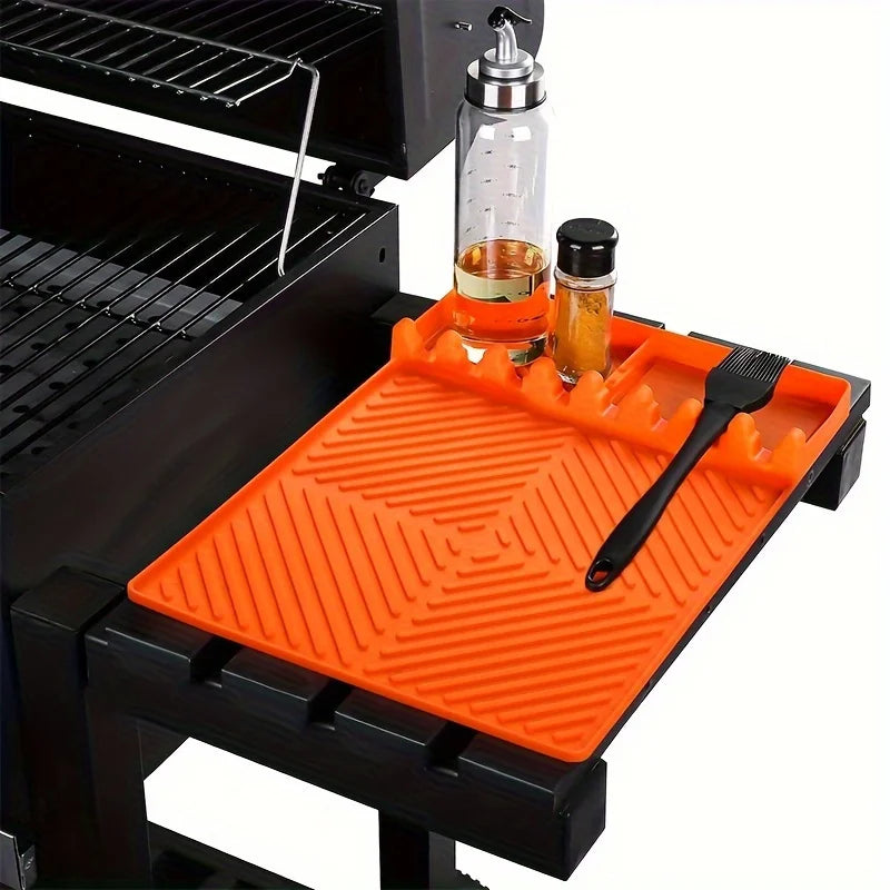 Silicone Mat for Outdoor Barbecue Kitchen Countertop, Large Silicone Shovel Mat with Drip Pad, Barbecue Tool Storage Rack