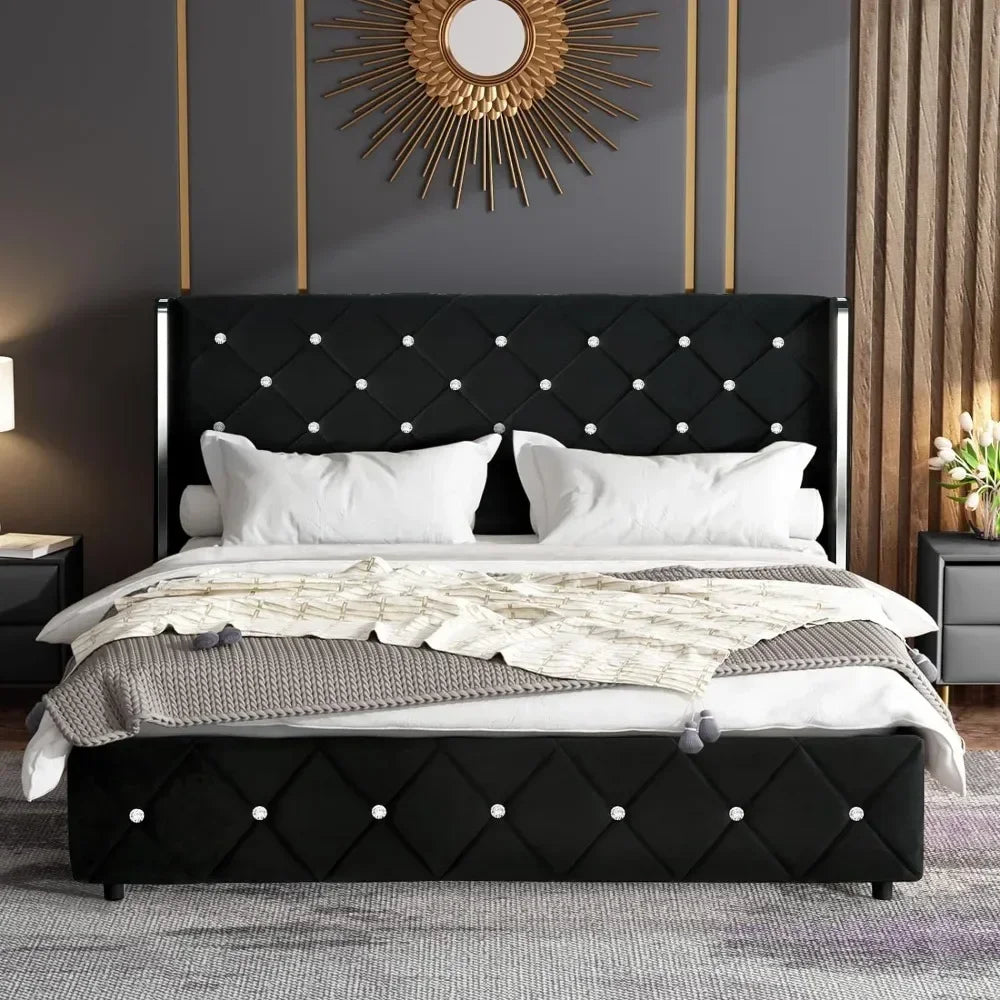 King Size Bed Frame with Wingback, Upholstered Beds Frames with Diamond Tufted Headboard and Footboard, No Box Spring Needed