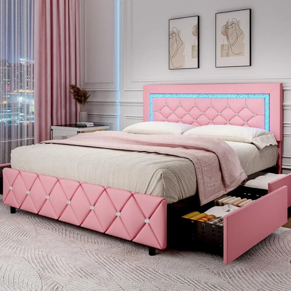 Full Size Bed Frame with LED, Storage Drawers, Princess Platform Bed with Diamond Headboard and Footboard, Upholstered Bed Frame
