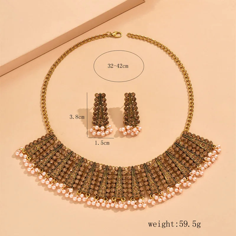 Statement Jewelry Sets Crystal Vintage Elegant Geometric Simulated Pearl Beads Necklace Earring Sets Fashion Women Accessories