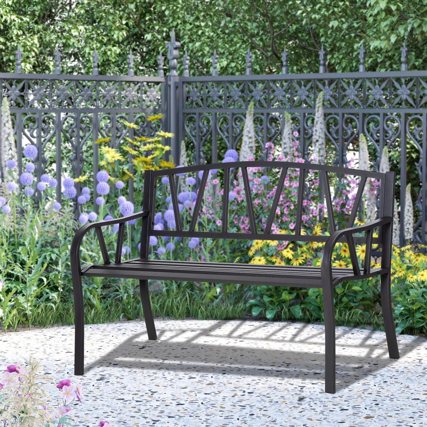Outsunny 2-Seater Garden Bench Solid Metal Loveseat Outdoor Furniture for Patio Family Chair w/ Backrest Ergonomic Armrest
