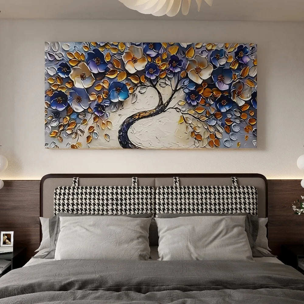 Large abstract Floral tree canvas art - Boho style, blue textured mural, 1.5-inch chunky wood frame for home decor lovers