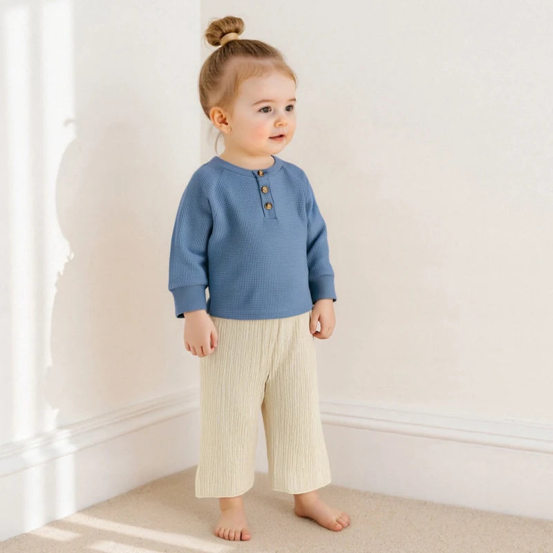Infant Toddler Boy Autumn Outfit Solid Color Long Sleeve Waffle Knit Pullover Shirt Round Neck Casual Top for Fall