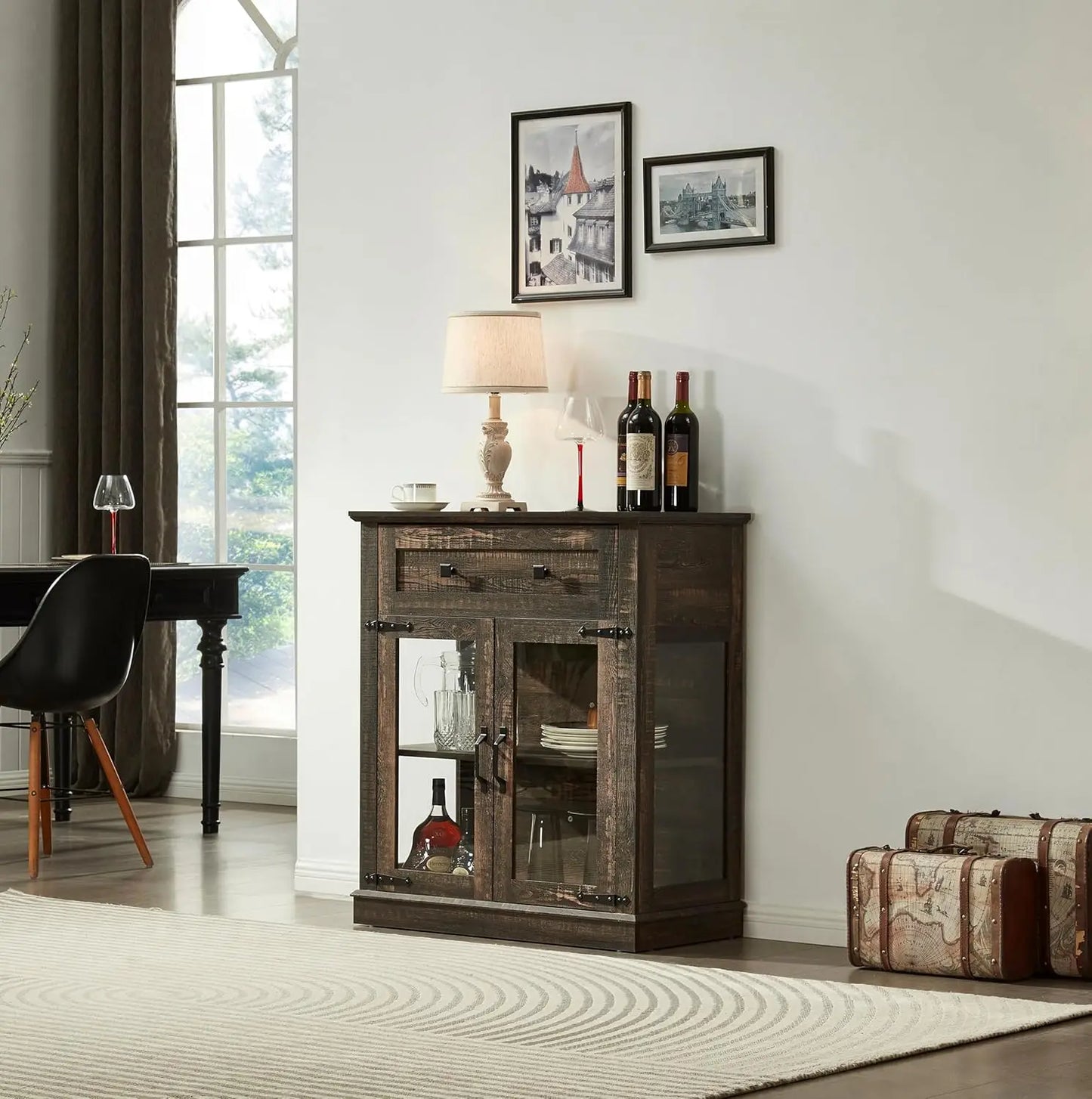 Small Buffet Cabinet with Glass Doors,Wood Coffee bar with Adjustable Shelf,Liquor Cabinet,for Living Room and Dining Room