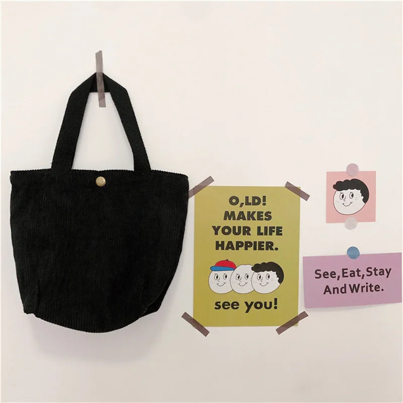 Cute Corduroy Shopper Tote Bag Woman Girls Lady Travel Shopping Cloth Handbags Lunch Bag Small Portable Hand Pouch Bag Organizer