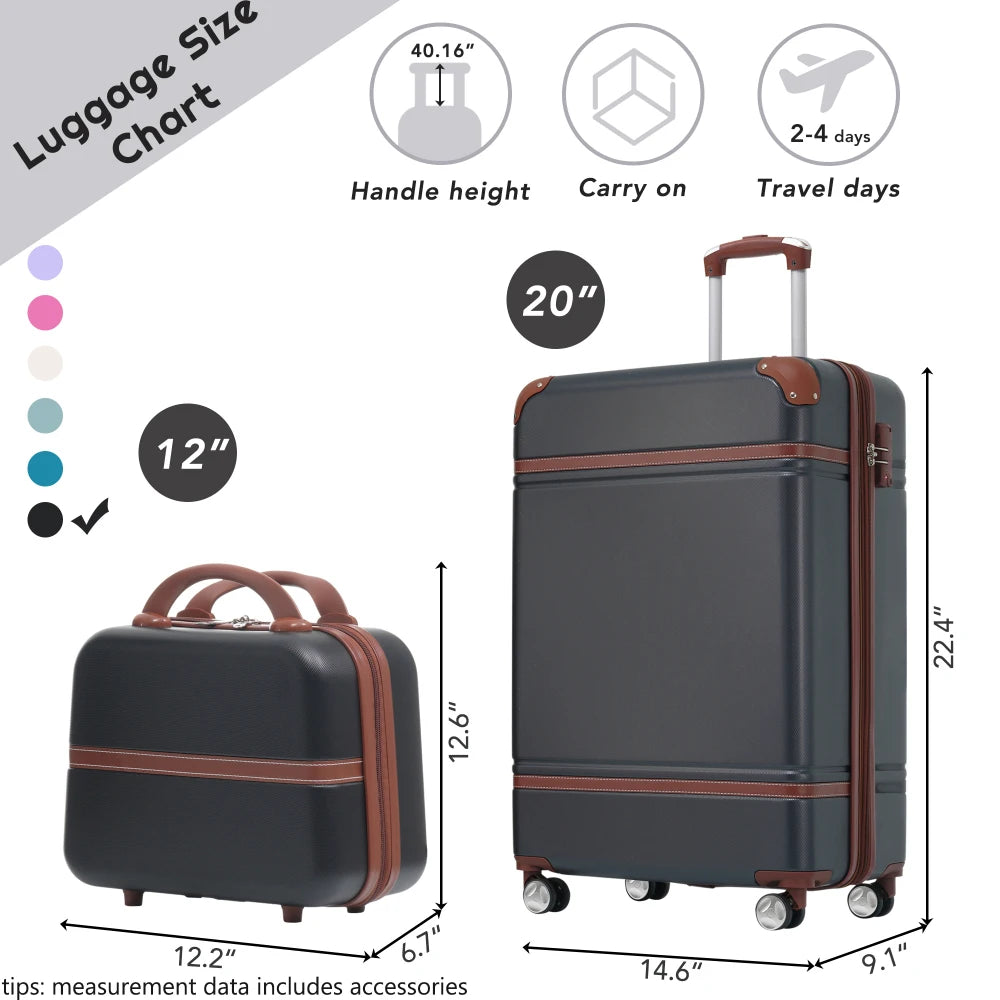 20 IN Hardside Luggage with Cosmetic Case 2 Piece Lightweight Suitcase Set with Spinner Wheels Carry on Vintage Luggage Black