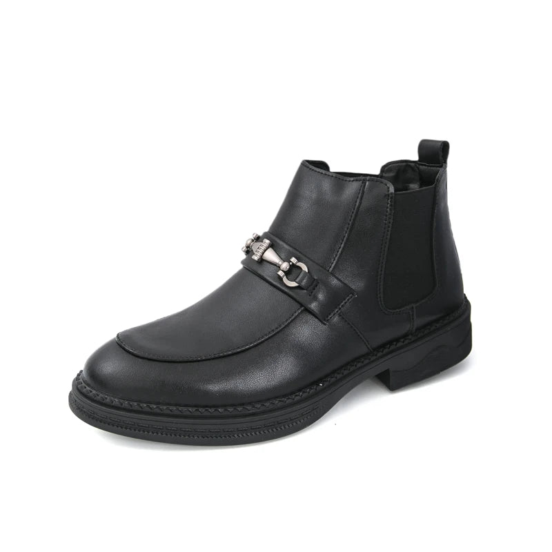 In the autumn of 2025 the British business formal wear Chelsea boots features a man wearing high-top patent leather shoes