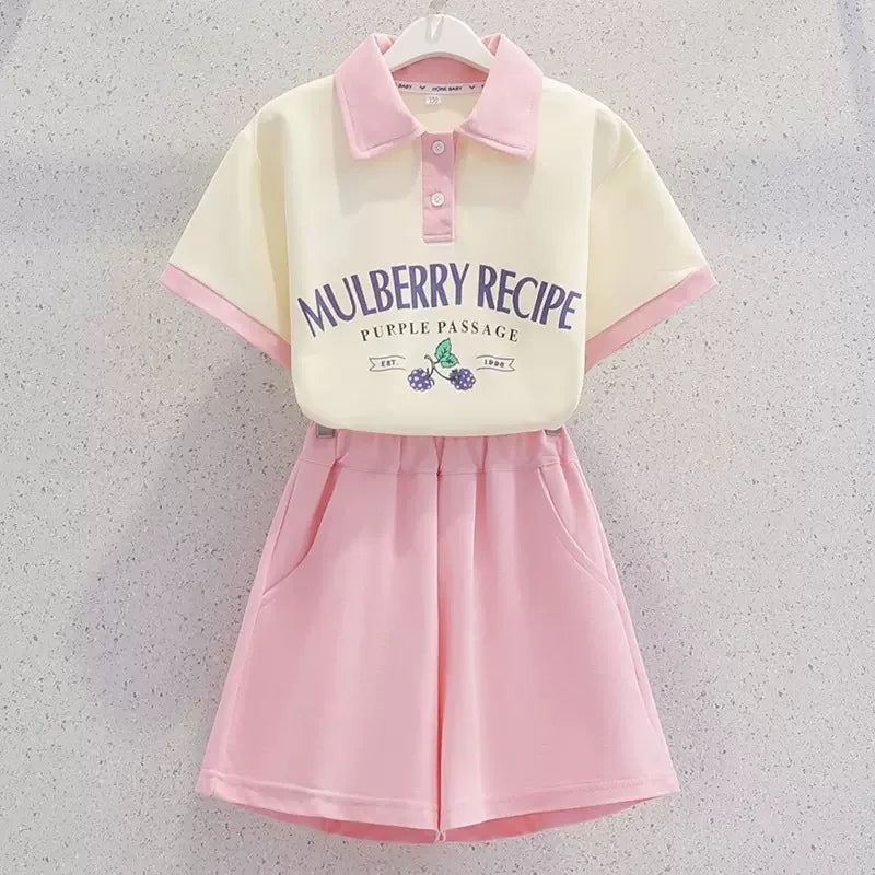 Summer Girls Clothing Set Letter Embroidered Pattern Casual Short Sleeve Tshirt+ Shorts 2Pcs Outfit Suit For 8-13 Years Kids