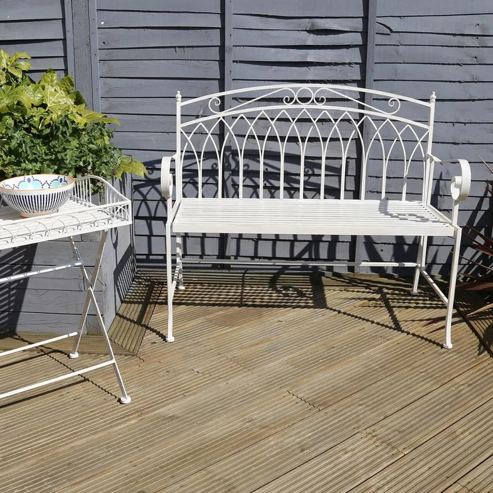 2 Seater Wrought Iron Bench Metal Outdoor Garden Patio Seat In Antique White