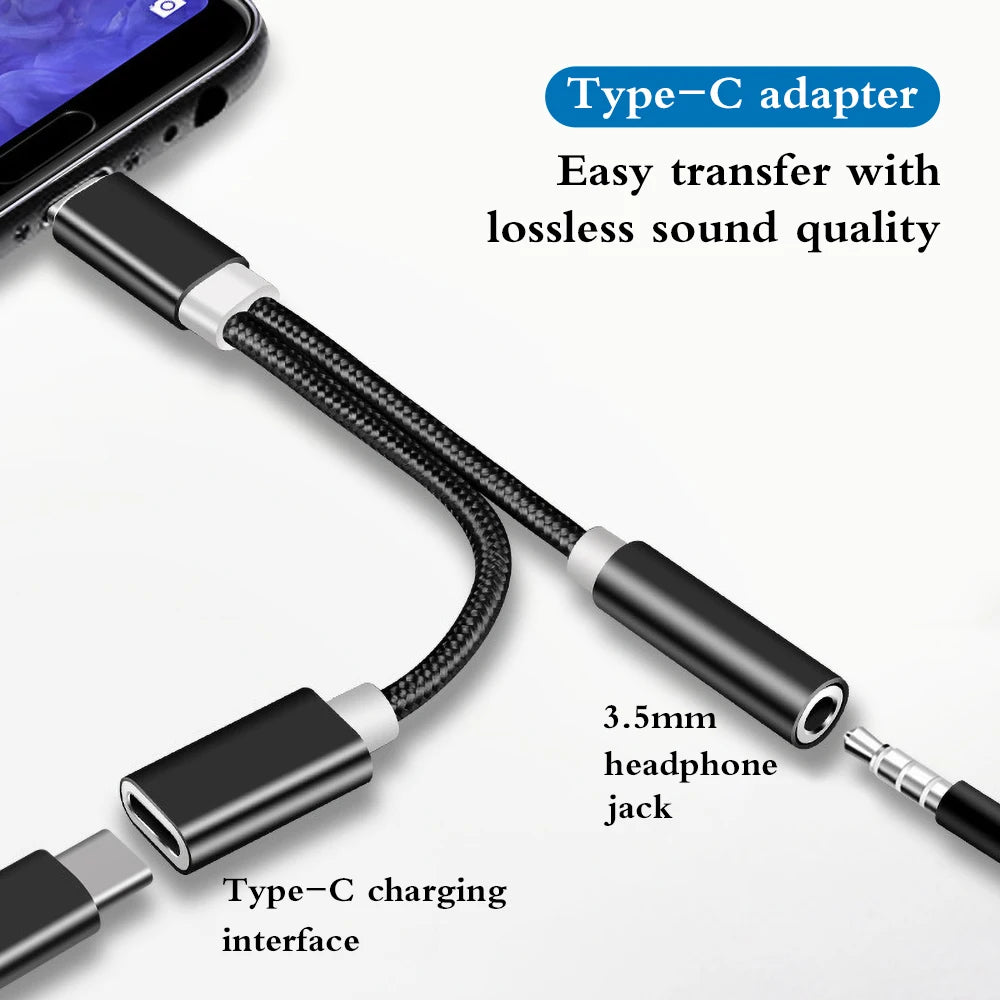 Nylon 2 In 1 Type-C To 3.5 mm Charger Headphone Audio Jack USB C Cable Type-C To 3.5mm Connector Adapter For Mobile Phone
