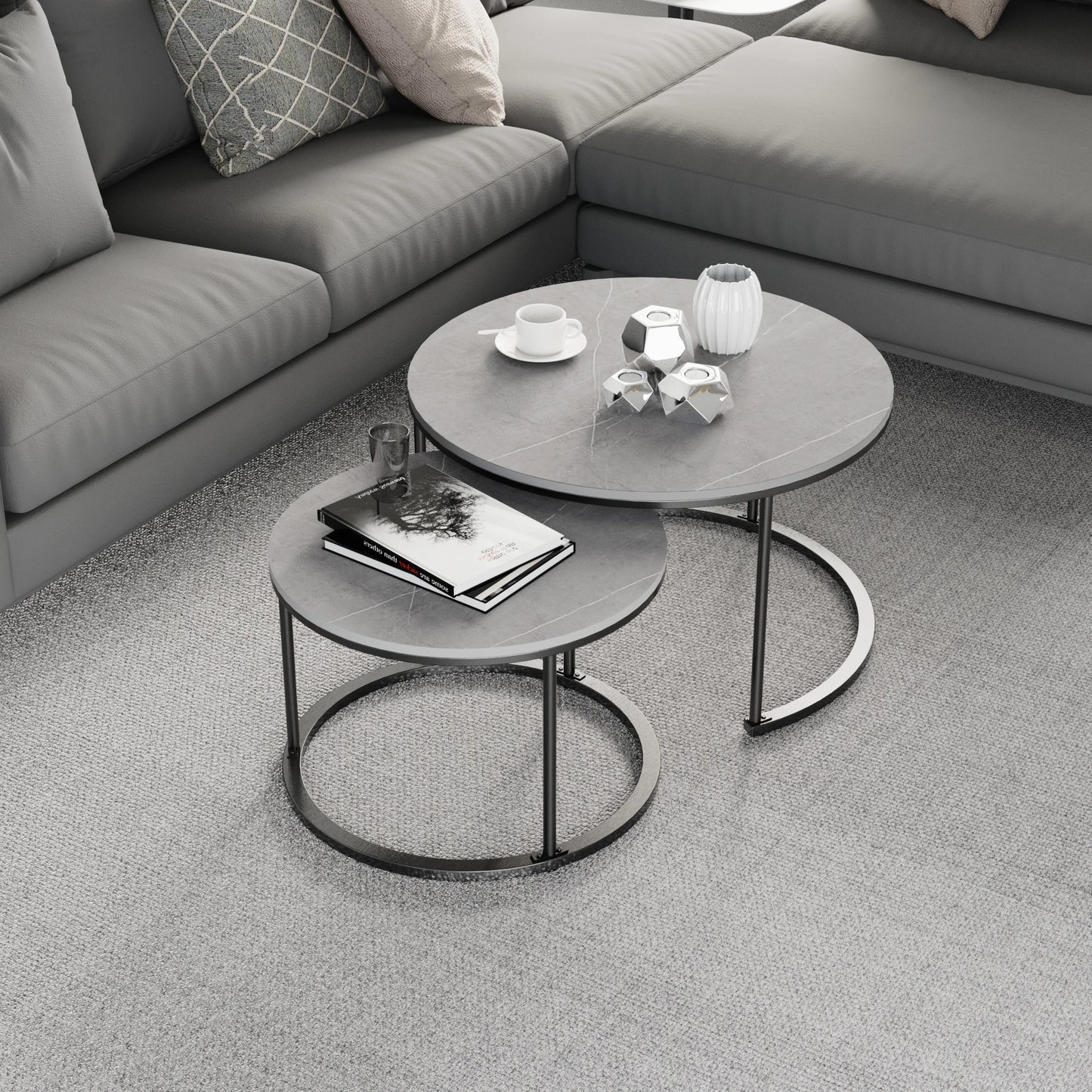 LUVODI Set of 2 Round Nesting Coffee Table Sintered Stone Stacking Marble Side End Table Accent Table for Living Room Apartment