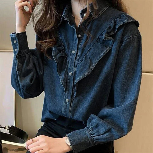 Women'S Casual Sweet Ruffled Denim Shirt Loose Thin Long-Sleeved Blouse Jacket Korean Style Y2k Ruffles Neck Vintage Denim Shirt