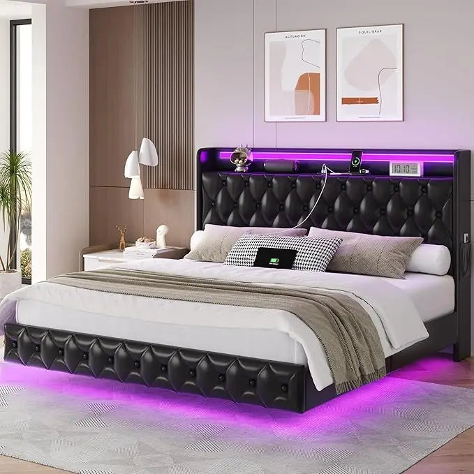 Floating Bed Frame Queen Size Platform with LED Lights, USB Charging Station Headboard Modern Upholstered Velvet Fabric Bed