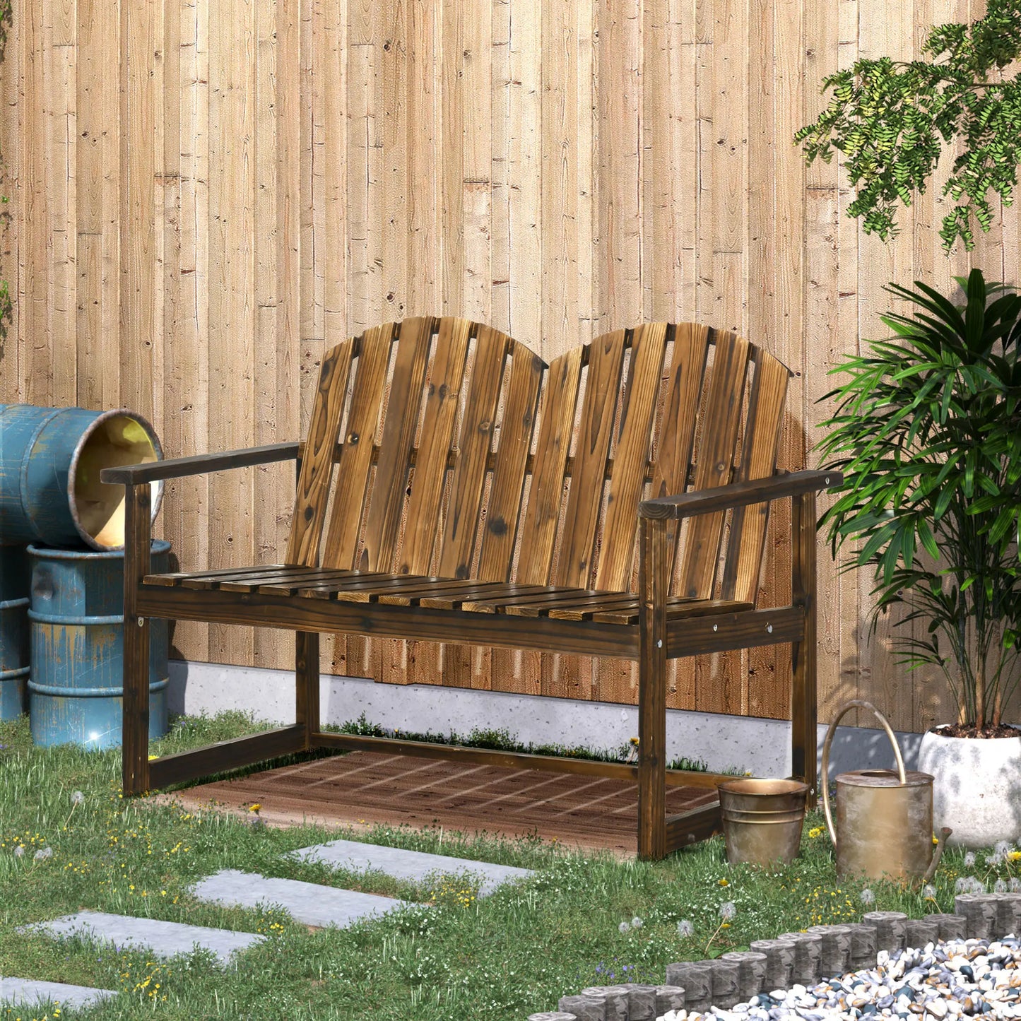 Outsunny Outdoor Wooden Garden Bench, Patio Loveseat Chair with Slatted Backrest and Smooth Armrests for Two People