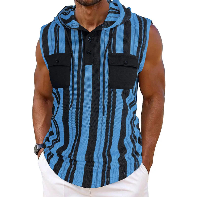 Men s Stylish Sleeveless Striped Tank Top with Hood and Drawstring Casual Button-Up Vest Featuring Pockets for Summer Wear