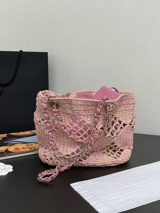 Raphia Woven Bag Fashion 2024 Women Hollowed Out Raphia Woven Beach Chain Shoulder Bag Crossbody Bag Handbag