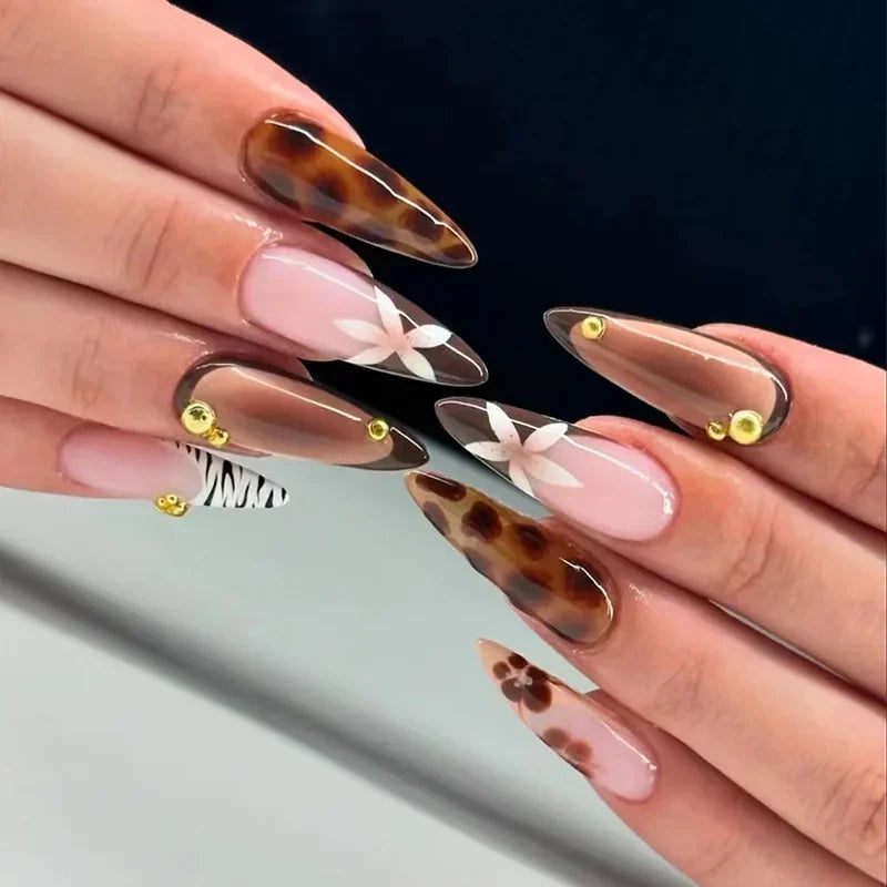 24Pc Leopard Print French False Nails Long Stiletto Press on Nails with Steel Ball Fake Nail Sweet Cool Detachable Nail Tips Art