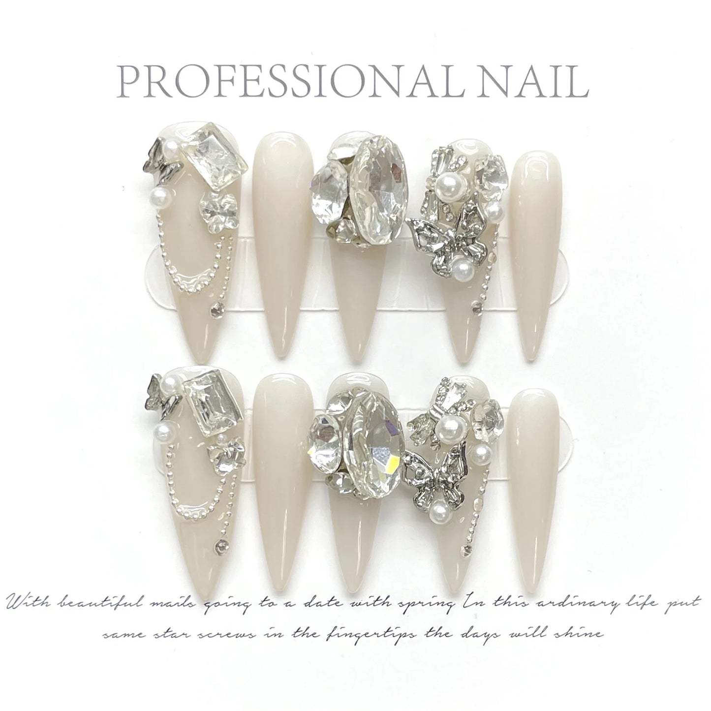 Long Fake Nails Stiletto Wearable Full Flash Rhinestones False Nails With Designs Almond Nail Tip