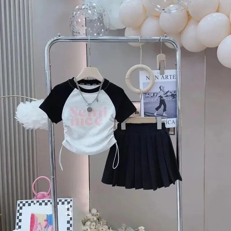 Short Sleeves Top Pleated Skirt 2-Piece Suits Children Girls Letter Print Clothes Kids Casual Sets Teens Summer T-Shirt Outfits