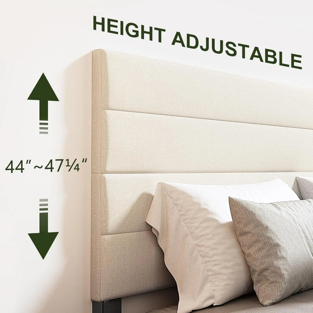 Bed Frame, Modern Upholstered Bed Frame King with Adjustable Linen Headboard, Wooden Slats Support Platform