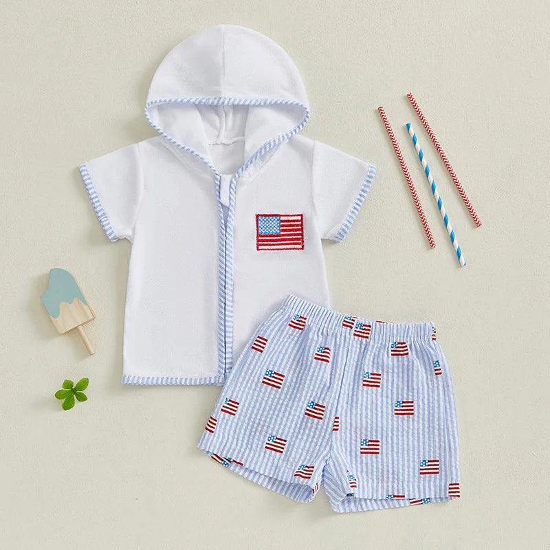 Baby Boy 4th of July Outfits Short Sleeve Zip Up Hooded Tops + Shorts Set Toddler Clothes