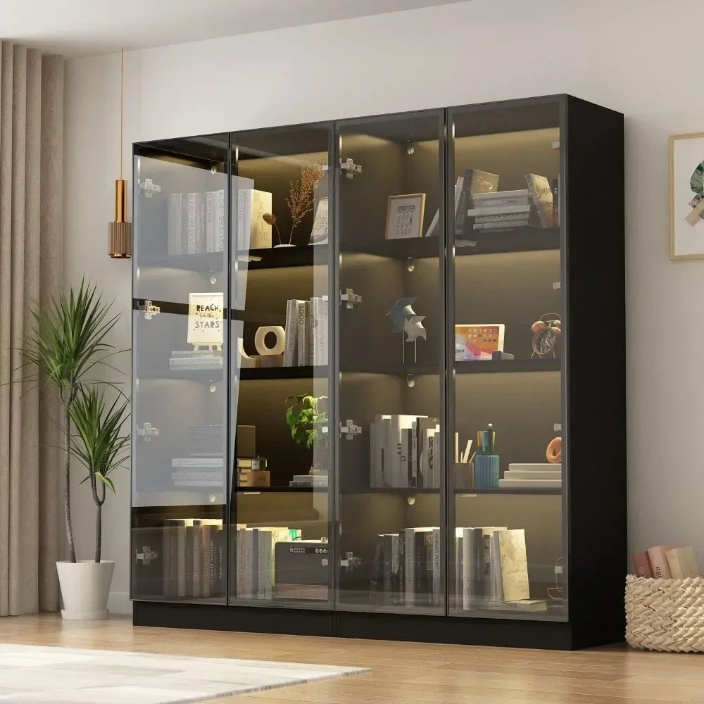 Display Cabinet with Glass Doors and Lights, 4-Tier Storage Shelves, Display Case Cabinet Black