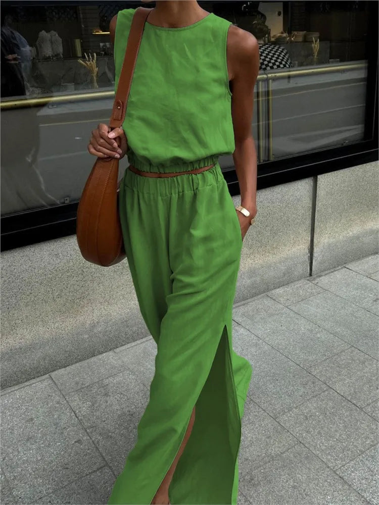 2025 New Fashion Cotton Linen Khaki Pants Sets Vacation Summer Sleeveless Tops And Split Pant Suits Two Pieces Office Ladies Set