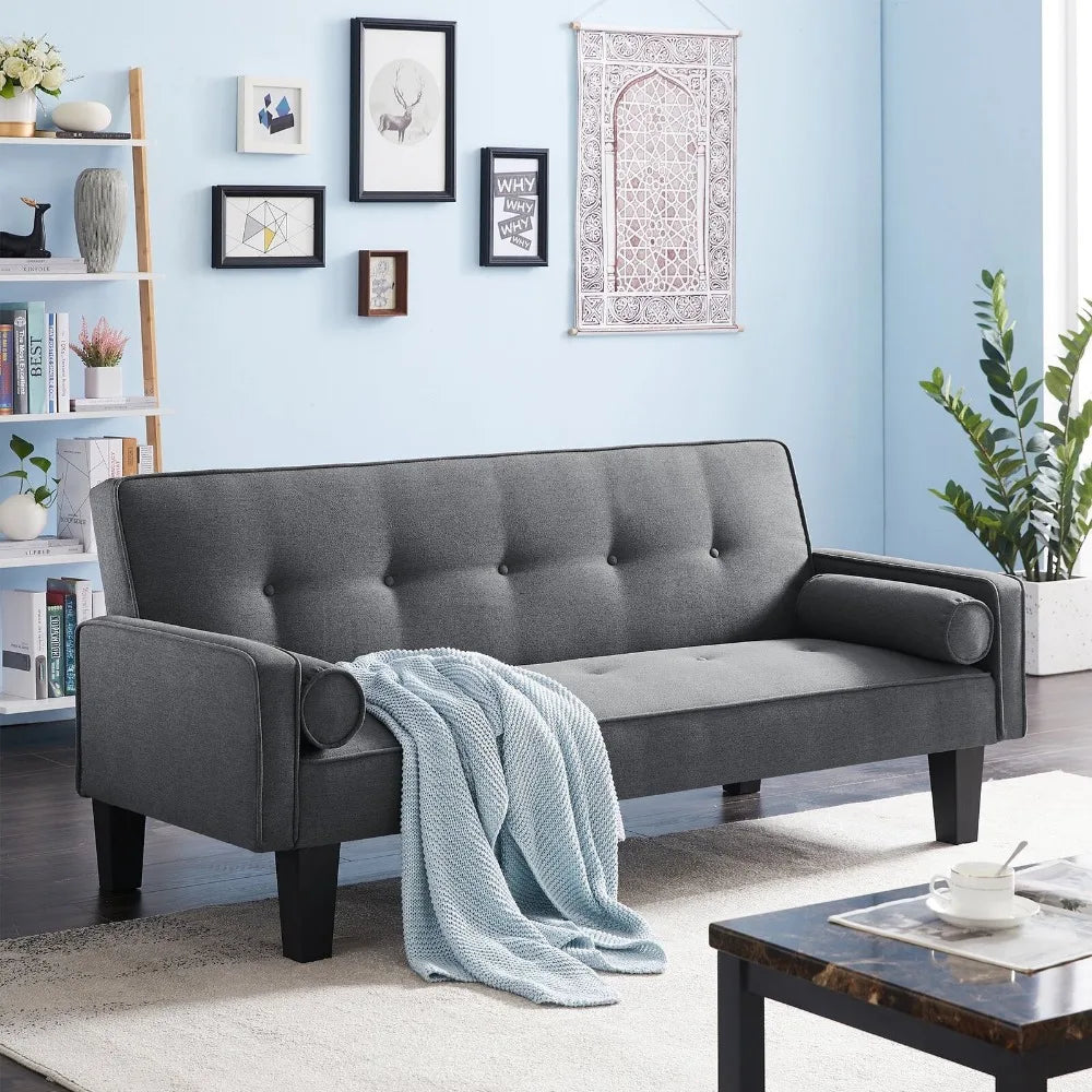 Convertible Futon Sofa Bed,Upholstered Futon Couch Fabric Sleeper Sofa with Pillows for Living Room,Gray