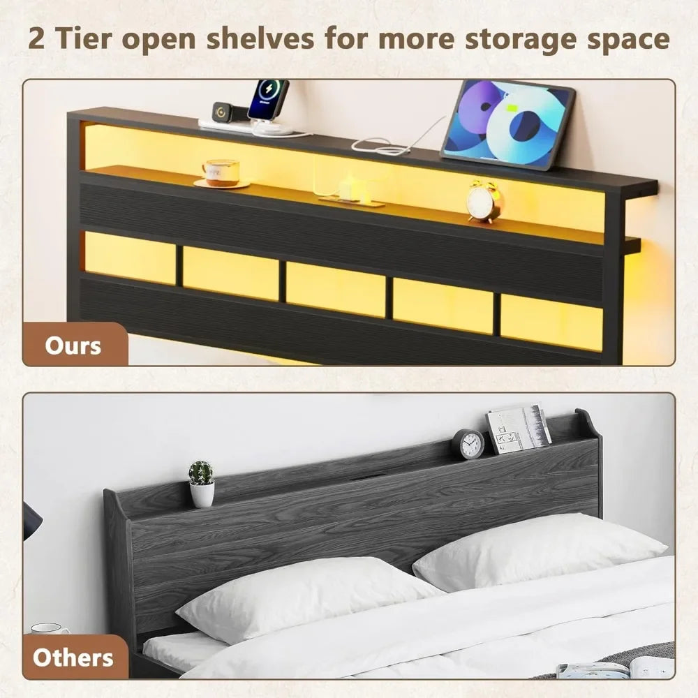 Queen Size Bed Frame with Storage Headboard and LED Lights Metal Bedframe with Charging Station Platform Bed