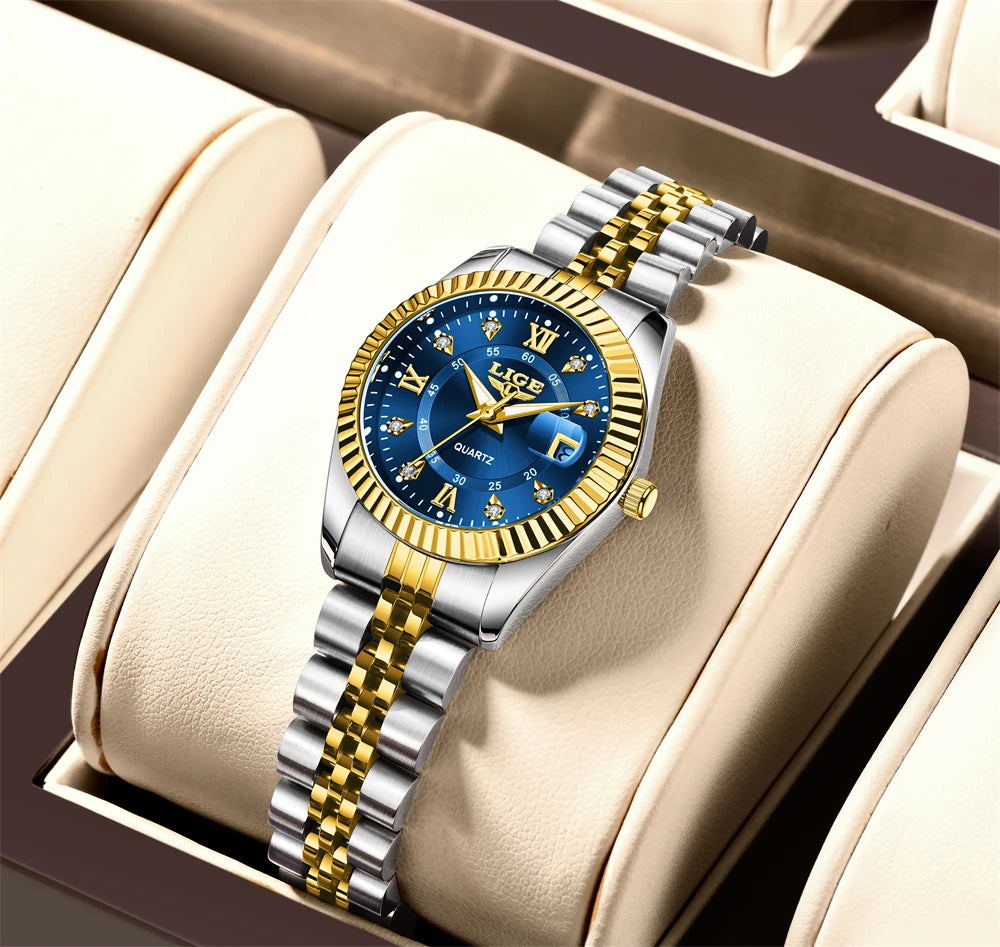 LIGE Fashion Woman Watch Stainless Steel Waterproof Auto Date Elegant Ladies Wristwatch Luxury Original Quartz Watch for Women