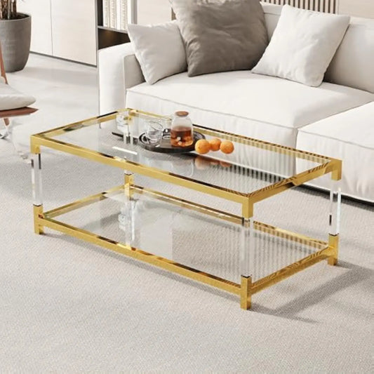 Glass Coffee Table, 47.2'' Modern Glass Table, Gold Stainless Steel & Acrylic Legs, Rectangular Center Table,Glass Top & 2-Tier