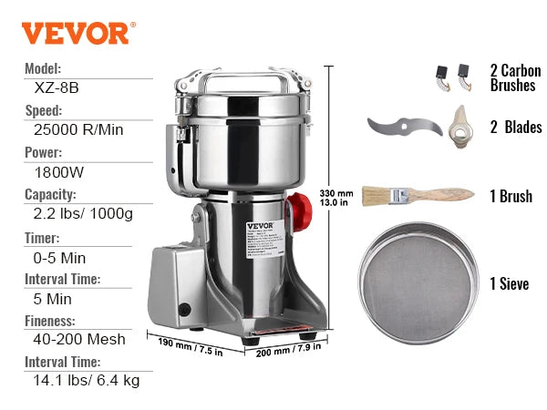 VEVOR 150-2500g Electric Grain Mill Grinder Commercial Swing Spice Grinders for Dry Herbs Grains Spices Cereals Coffee Corn