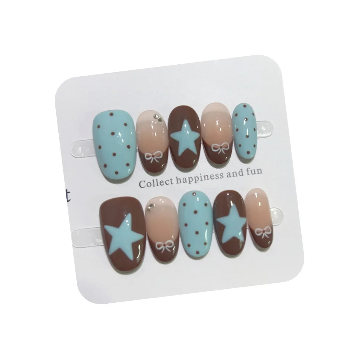 10pcs Handmade French Short Press On Nails Blue Brown Polka Dot Bow Star Design Fake Nail Wearable Nail Art Tips for Girls