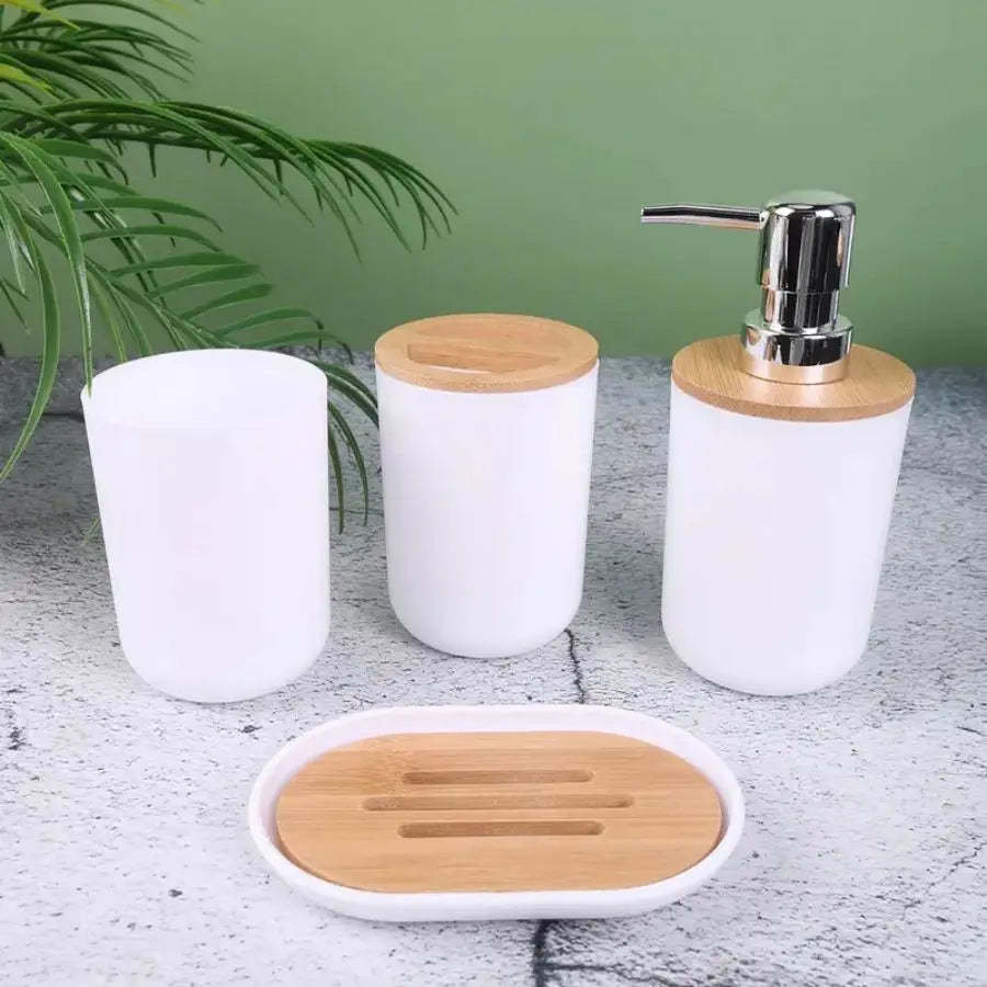 4pcs Bathroom Accessories Set,Include Toothbrush Holder and Cup,Lotion Dispenser,Soap Dish, Bamboo Cover Set