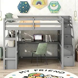 Harper & Bright Designs Full Size Loft Bed Frame with Stairs and Desk, Solid Wood Loft Bed with Storage Drawers and Bookshelf fo