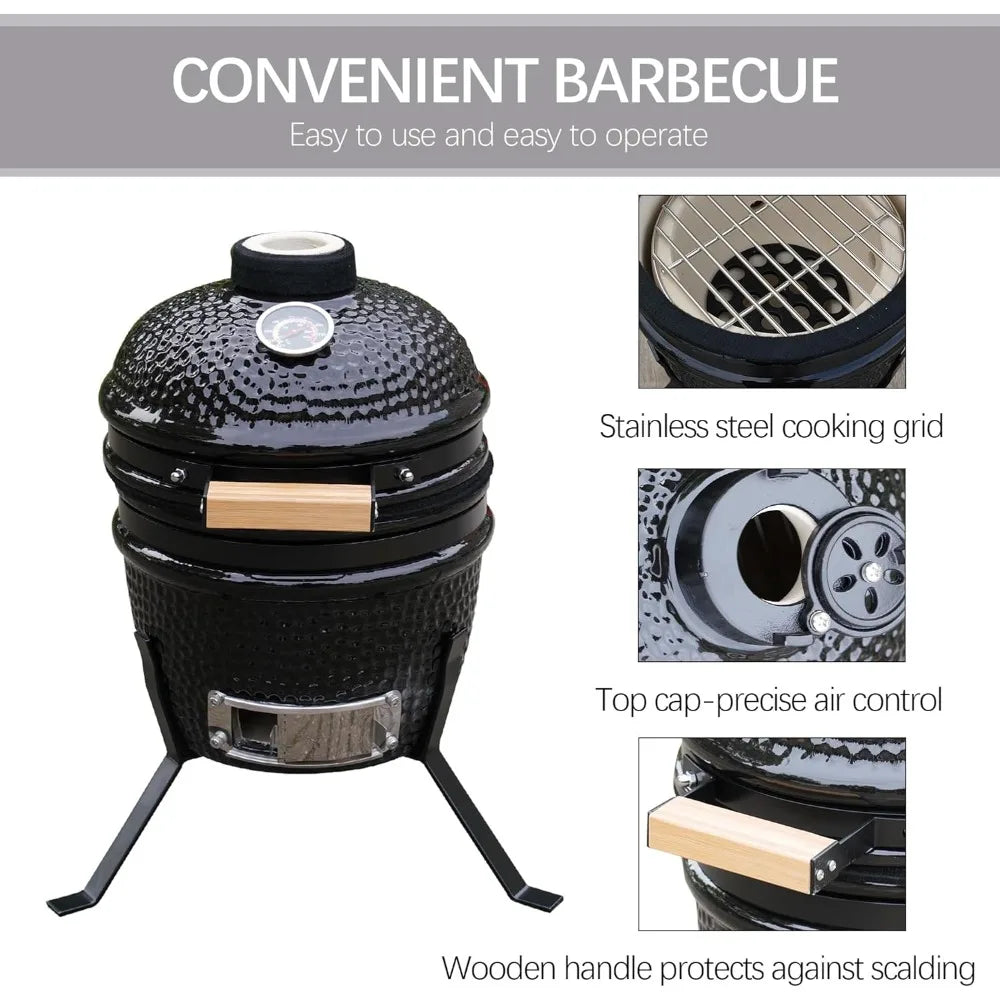 3" Ceramic Mini BBQ Grill Smoker Egg Charcoal Cooking Oven, Portable Oven and Smoker with Stand (Black)