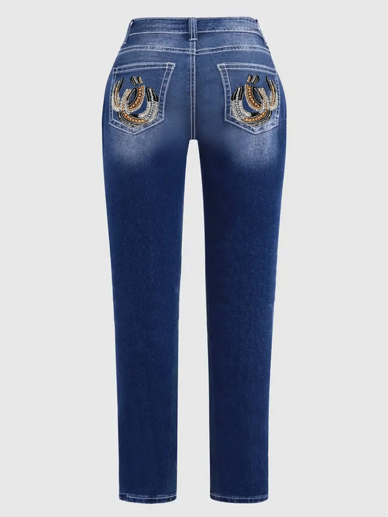 Blue Large Size Horseshoe Graphic Embroidery Back Bag Pants High Waist Elegant Mature Four Seasons Women's Large Size Jeans