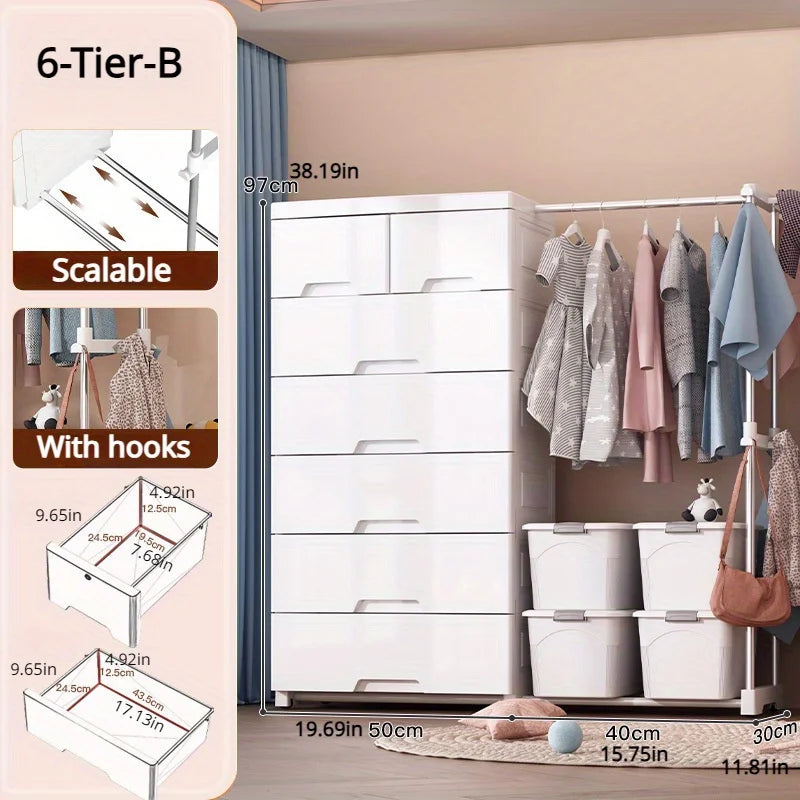 5/6-Tier White Wardrobe with Extendable Hanger - Large Space & Partitioned Storage Wardrobe for Bedroom, Dormitorie