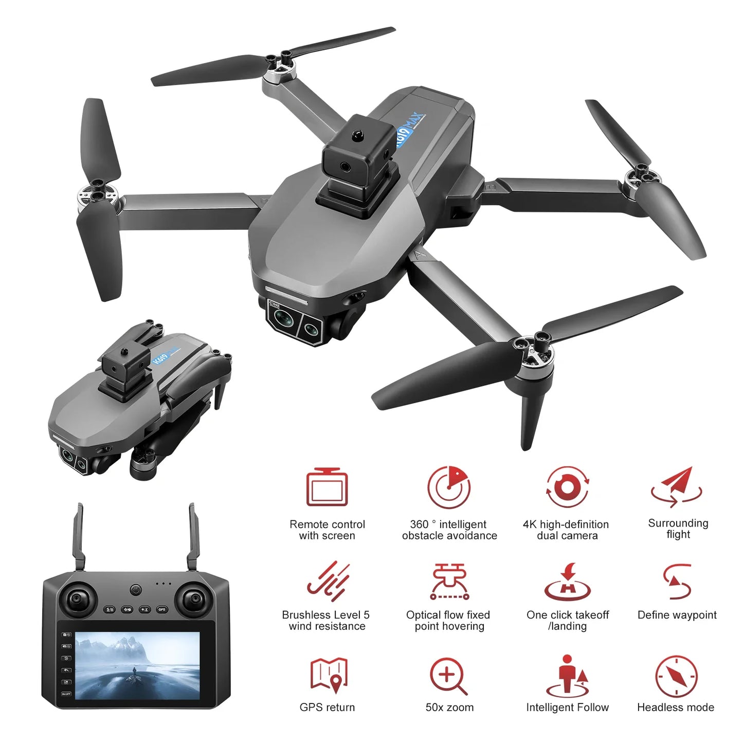 2025 K619 MAX Drone 4K HD Dual-Camera with Screen Remote Control 5G GPS Brushless Obstacle Avoidance RC Quadcopter Toys Gifts