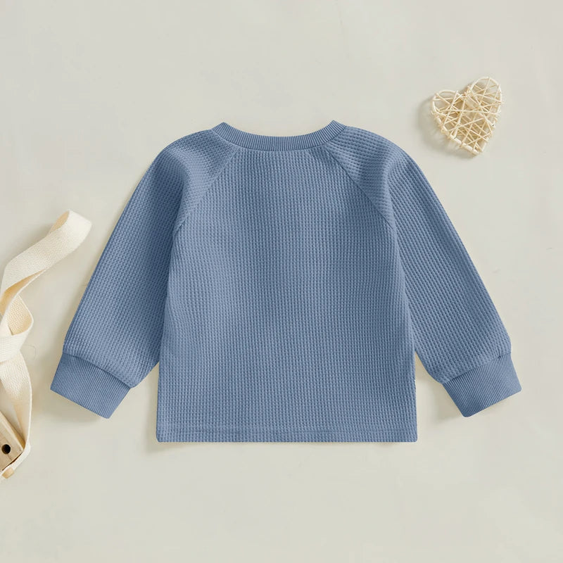 Infant Toddler Boy Autumn Outfit Solid Color Long Sleeve Waffle Knit Pullover Shirt Round Neck Casual Top for Fall