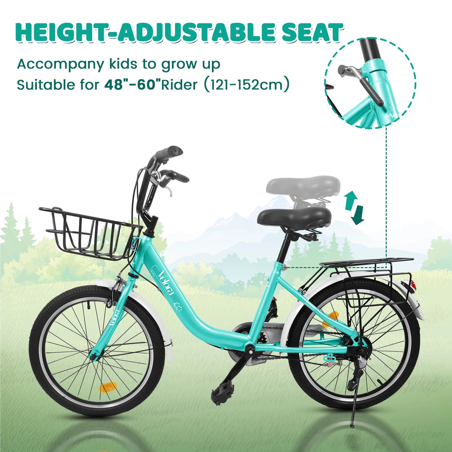 20 Inch Kids Bike for Boys Girls, 1 Speed Kids Bicycle with Basket, Rear Seat, Chain Guard, Coaster Brake, V-Brake, Steel Frame