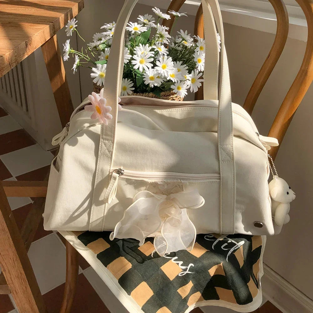 Ribbon Bow Gym Bag Fashion Shoulder Bag Large Capacity Casual Clutch Handbag Multi-pockets Waterproof for Gym Fitness