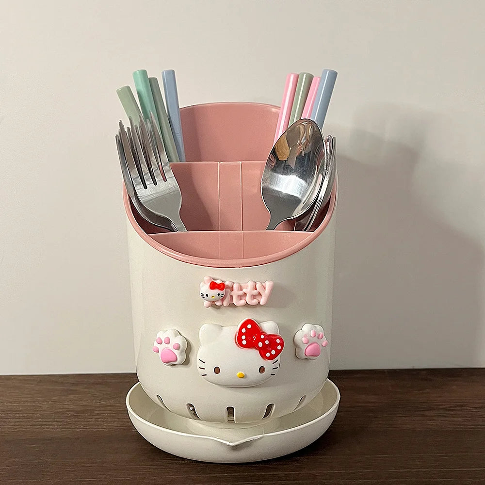 Cute Hello Kitty Kitchen Chopstick Tube Kawaii Cartoon Drain Tableware Chopstick Box Spoon Fork Rack Desktop Storage Tube