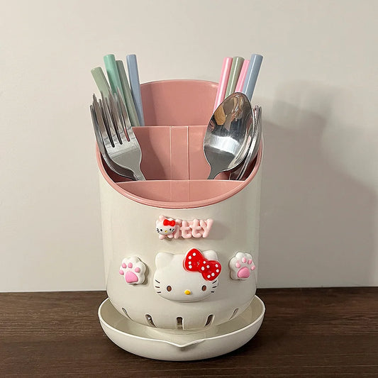 Cute Hello Kitty Kitchen Chopstick Tube Kawaii Cartoon Drain Tableware Chopstick Box Spoon Fork Rack Desktop Storage Tube