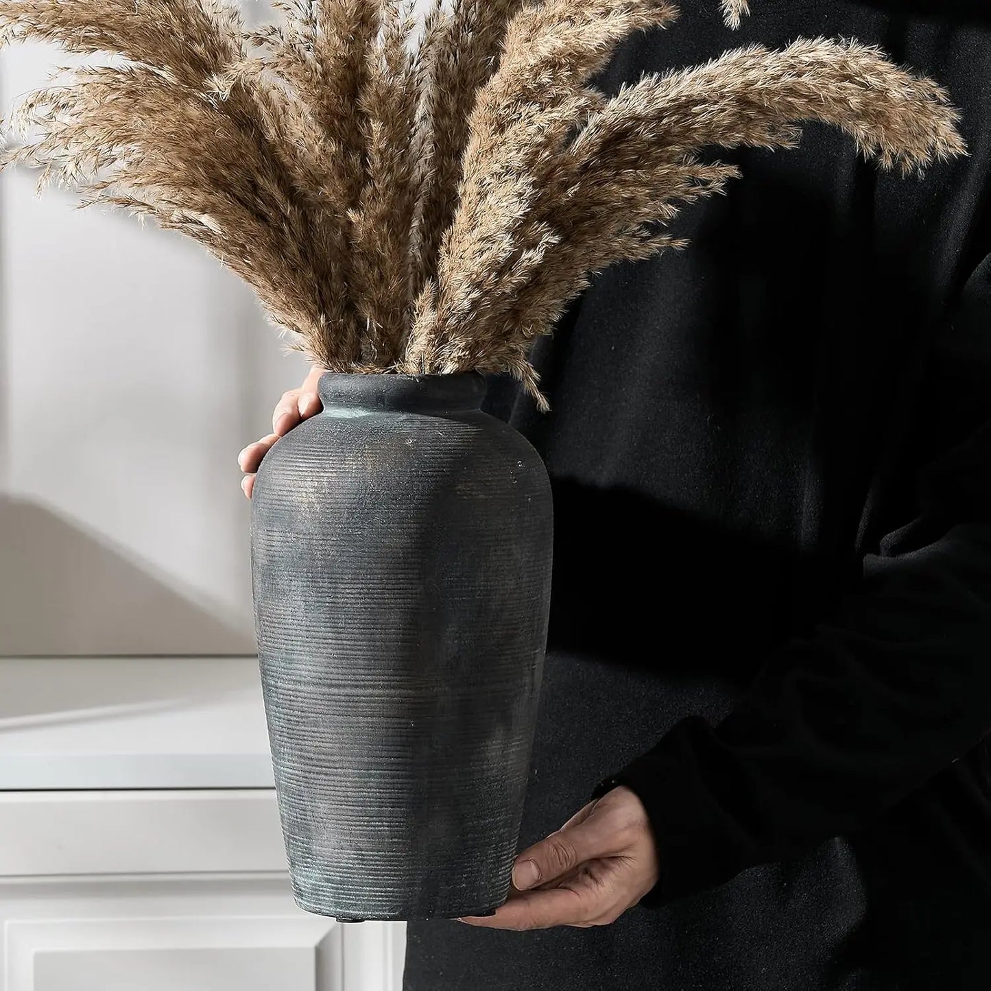 Large Ceramic Rustic Vase, 11 inch Minimalist Decorative Farmhouse Tall Vase for Home Decor, Living Room, Shelf Decor