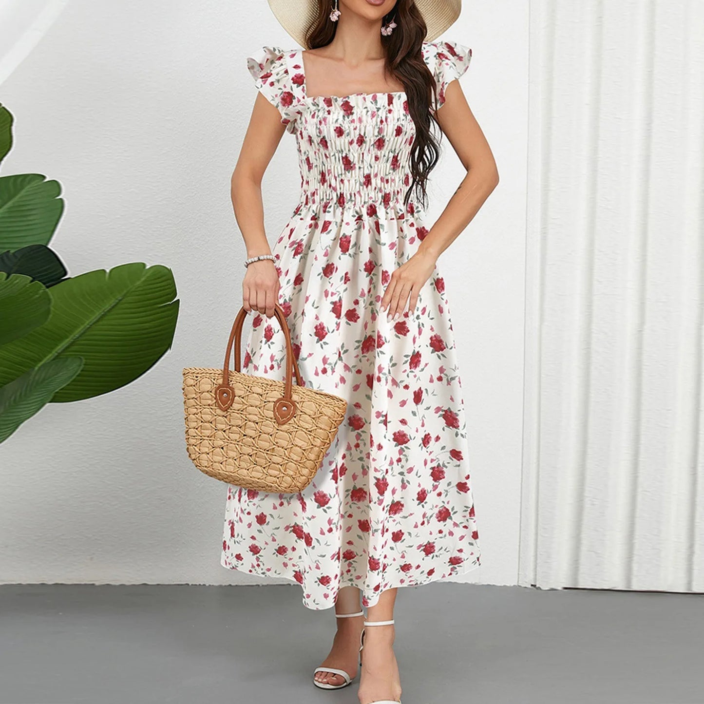 Women Floral Pleated Dress Ruched Chic Midi Dress Short Sleeve O-neck Casual Summer Boho A Line Beach Dress Women